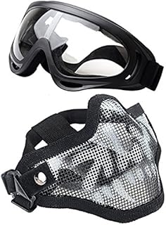 Airsoft Mask and Goggles - Airsoft Half Lower Face Mask Steel Metal Mesh for BB Gun/CS Game/Paintball/Shooting/Cosplay - Anti-UV Adjustable Combat Tactical Military Goggles for Men Women Kids