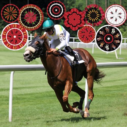 Image of Outus 9 Pcs Horse Racing Paper Fans Derby Day Hanging Decorations Horserace Festival Party Paper Fans Hanging Ceiling Wall Decors for Racing Equestrian Themed Birthday Party Supplies