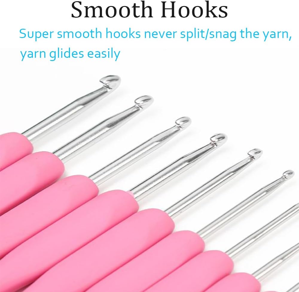 Ergonomic Crochet Hooks Set,Silicone Crochet Hook Knititng Needles for Arthritic Hands Premium Soft Grip Crochet Handles for Crocheting Yarn Craft Projects(2.0mm-6mm,Pink)