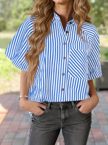 Image of Tankaneo Womens Short Puff Sleeve Button Down Shirts Striped Trendy Casual Loose Fit Blouse V Neck Collared Tops