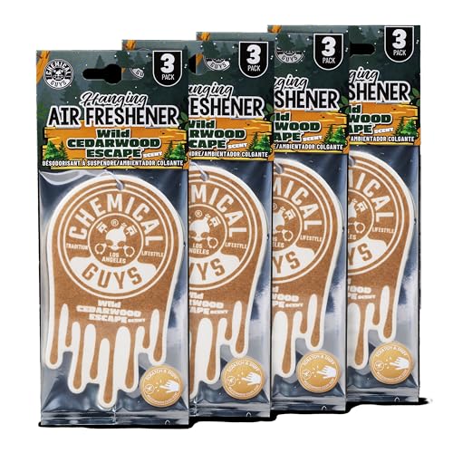 Image of Chemical Guys Hanging Car Air Freshener 12-Pack, Wild Cedarwood Escape Warm, Woody & Earthy Cedarwood Fragrance, Rearview Mirror Paper Fresheners for Cars, Trucks, SUVs & Boats
