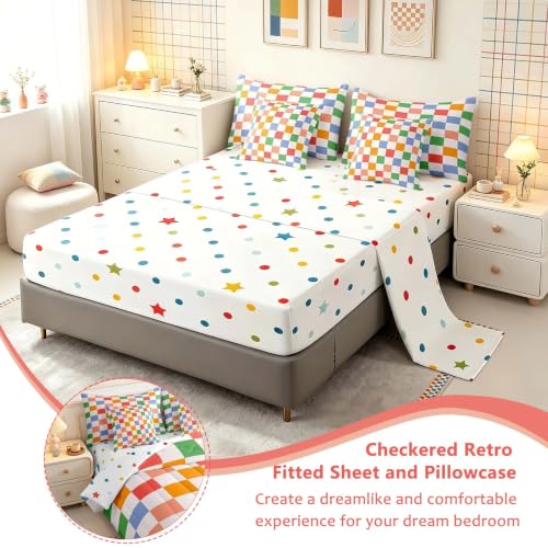 Image of Feelyou Checkered Retro 7 Piece Bedding Set Teen Women Men Rainbow Colorful Plaid Comforter Set with Sheets Twin Size Kids Boys Geometric Vintage Bed in a Bag Modern Groovy Aesthetic Room Decor