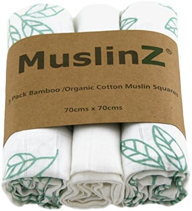 MuslinZ 3PK Bamboo/Organic Cotton Muslin Squares 70x70cm Aqua Leaf/White