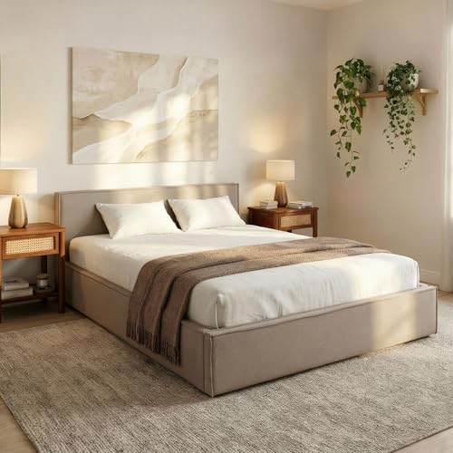 IDIMEX Polsterbett Pesaro 140x200 cm, Greige– Bettgestell inkl. Lattenrost, strapazierfähiger Stoffbezug in Leinen-Optik, modernes Doppelbett mit Kopfteil für Schlafzimmer