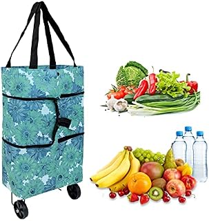 Andiker Foldable Shopping Trolley, Oxford Cloth Flexible Shopping Bag with Collapsible Wheels to Save Force, Reusable Shopping Bag for Shopping or Travelling (Blue flower)
