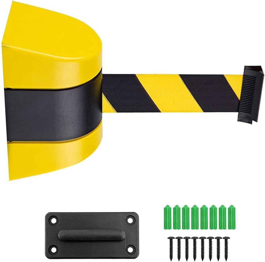 Wall Mount Queue Belt Barrier Retractable, 5 / 10M Crowd Control Wall Barrier, Fixed Safety Cordon Barrier, Queuing Safety Tape Cordon, Airports, Banks, School (Black and Yellow)