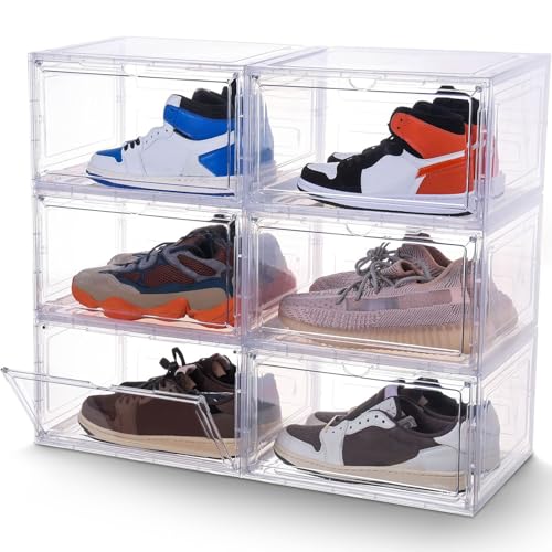 Stelive 6PCS Shoe Display Box Plastic Shoe Box Storage Containers Stackable Shoe Organizer Shoe Storage Box Magnetic Door Transparent Sneaker Case Dustproof Shoe Storage Bin for Home, 33.4x27.5x22.3cm