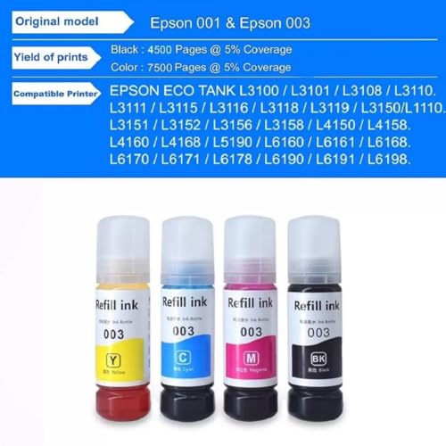 Image of 003 Refill Ink Compatible for Epson L3110, L3150, L3250, L3252 L3115, L3116, L3101, L3210, L3215, L3216, L3151, L3152, L3156, L5190 Printer (Black-2pcs & Color-3pcs) (003 /st)