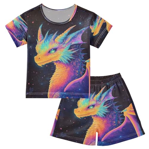 ALAZA Colorful Dragon Cute Stylish Pajamas Set Short Sleeve Cotton Sleepwear Summer Pjs 2 Piece 5-14Y