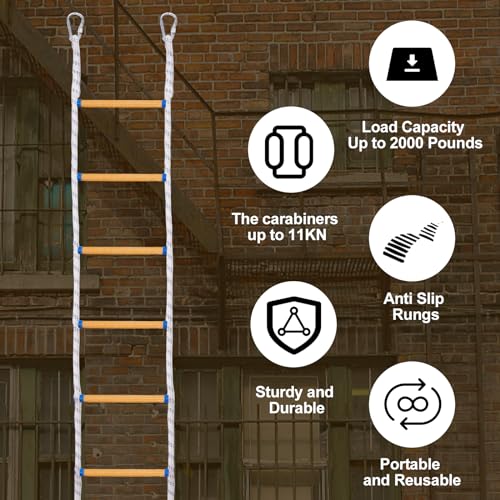 XINSHUNCAN 3M Strickleiter Feuerfeste Rettungsleiter, Feuerleiter mit Karabiner,Notfallsicherheit Tragbar Klettern Rettung Seilleiter Reißfest für 2-stöckiges Hauptfenster Balkon Geländer Baumhaus