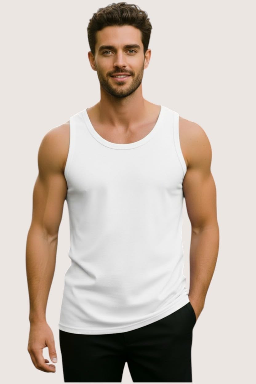 Men's Polyester, Sleeveless Round Neck Vest, Casual Innerwear, White Black Pink-image-38