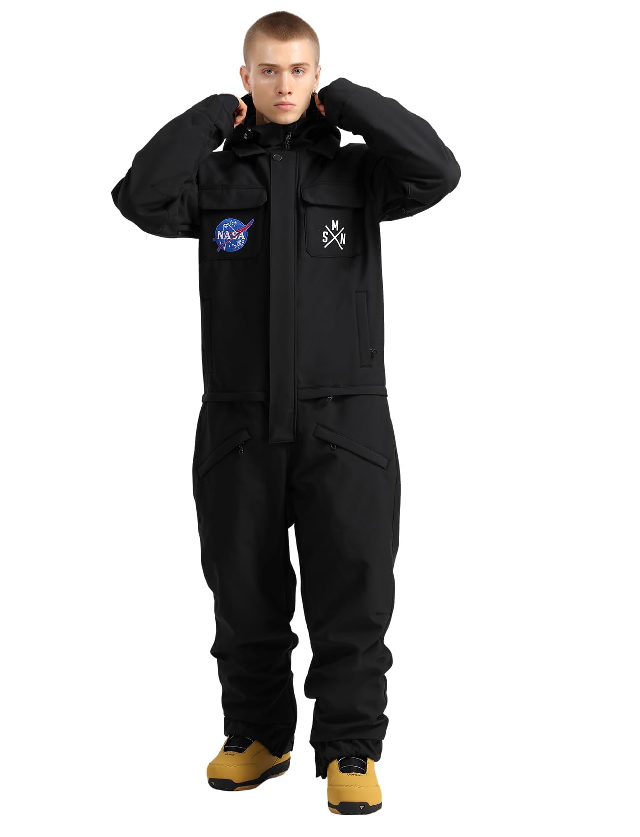 GSOU SNOW Combinaison de Ski/Snowboard Homme, Ample Baggy Multi-Poches à Capuche Imperméable Coupe-Vent Respirante Chaude