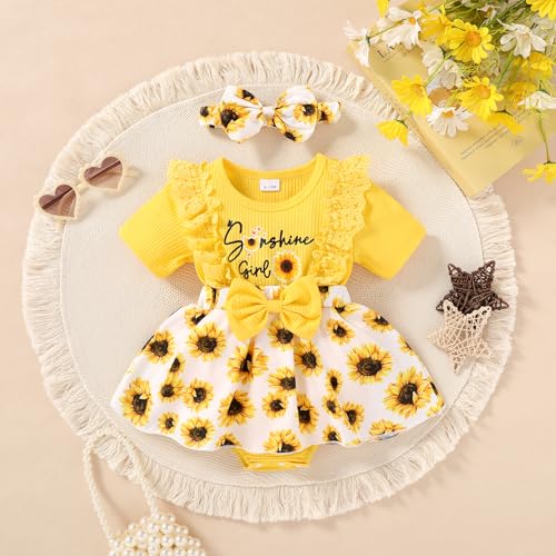 Infant Baby Girl Summer Outfits Lace Ruffle Short Sleeve Ribbed Romper Dress with Headband 1-18 Months2