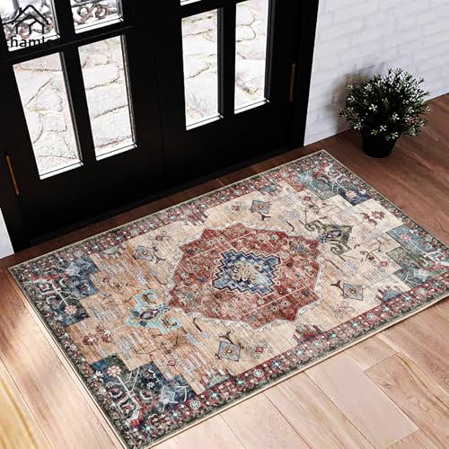 chamler 2x3 Area Rug Washable Door Mat Vintage Doormat Indoor Entrance Traditional Thin Floral Print Non Slip Rugs for Kitchen Bathroom Bedroom Living Room