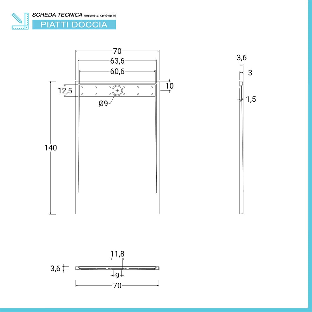Piatto doccia 70x140 cm bianco effetto pietra in resina, spessore 3 cm e scarico con canalina, riducibile su misura ARGO