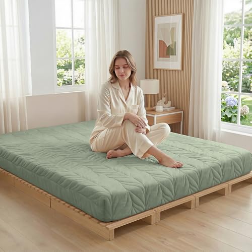 Image of ZonLi Japanese Floor Mattress Futon Mattress Twin Size, 6 inch Thicken Roll Up Tatami Mat 100% Cotton Washable Cover, Portable & Foldable Floor Bed Mattress for Sleeping, Dormitory, Adult, Green