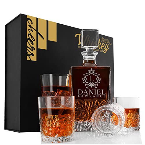 Personalized Whiskey Decanter and Glass Set with Gift Box Option Gifts for Dad Retirement Anniversary Housewarming Bourbon Scotch Whisky (SET 800 ml)