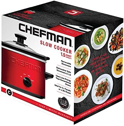 Chefman Slow Cooker, 1.5 Quart Ideal for 2+ People, Fits 2 lb Roast, Removable Crock, Dishwasher Safe Stoneware & Lid - RJ15-15-Red RJ15-15-Red