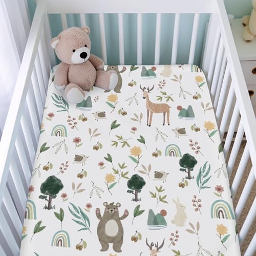 Image of Spring Animals Fitted Baby Crib Sheet for Boys Girls 52 inchx28 inch Bear Deer Bunny Birds Trees Flower Leaves Soft Stretchy Nursery Bed Sheets Fits Standard Crib and Toddler Bed Mattresses