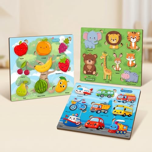 Image of Lefan Wooden Peg Puzzle Set for Kids 2-4 Years | Animals, Fruits & Vehicles Learning Puzzle Boards | MDF Wooden Educational Toy for Toddlers | 3 Boards with Easy Grip Pieces