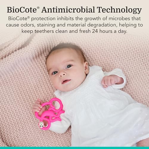 Image of Matchstick Monkey Infant, Antimicrobial Silicone Teether, Easy to Grip, Bpa Free, 3 Months Old+, 10 Cm, Easy to Hold & Naturally Fits in Mouth, Stimulates and Massages Sore Gums, Pink Mini Monkey