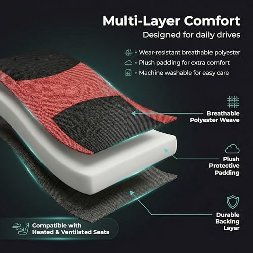 Image of FH Group Universal Automotive Seat Covers 8 Seater Set | Light & Breezy Flat Cloth Washable Car Seat Cover for SUV, Sedan, Truck | Airbag Compatible Interior Upgrade - Red /Black