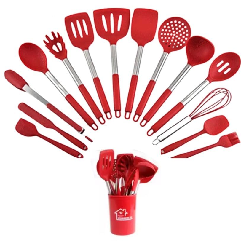 TINA&CO Set di utensili da cucina in silicone 15 pezzi con manico in acciaio inox, resistenti al calore, antiaderenti, spatole grandi, lavabili in lavastoviglie (rosso)