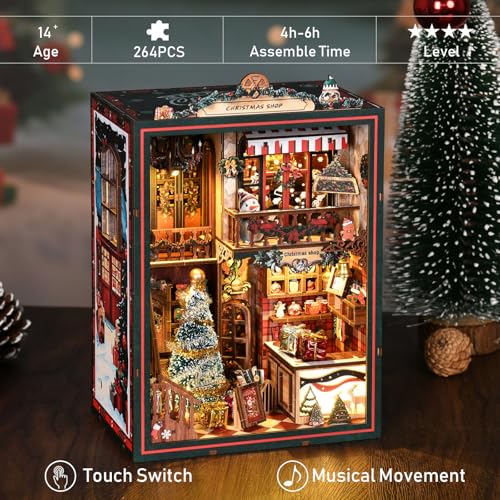 Christmas Gift Book Nook Kit, DIY Miniature House Kit, 3D Wooden Puzzle Bookend Bookshelf Insert Decor with LED Light for Teens and Adults Tiny House Kit