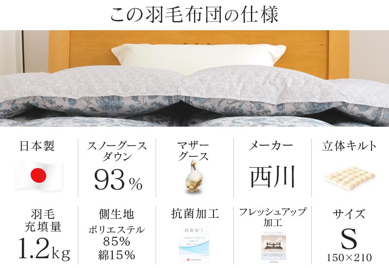 ハンガリー産　マザーグース1.2kg 昭和西川　高級羽毛布団（シングル） 西川（nishikawa） ハンガリーマザーグース93％ 80超長綿 1.2kg 羽毛
