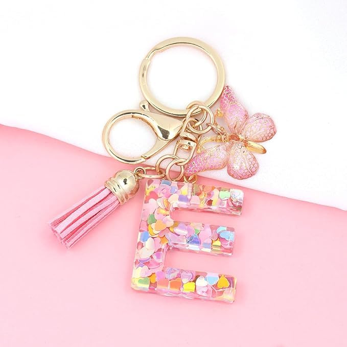 Image of GEOCARTER Lightweight Fashion Initial Letter Key Ring with Butterfly Pendant & Tassel, Stylish Purse Charm for Handbags, Car Keys, Gifts for Girls & Women