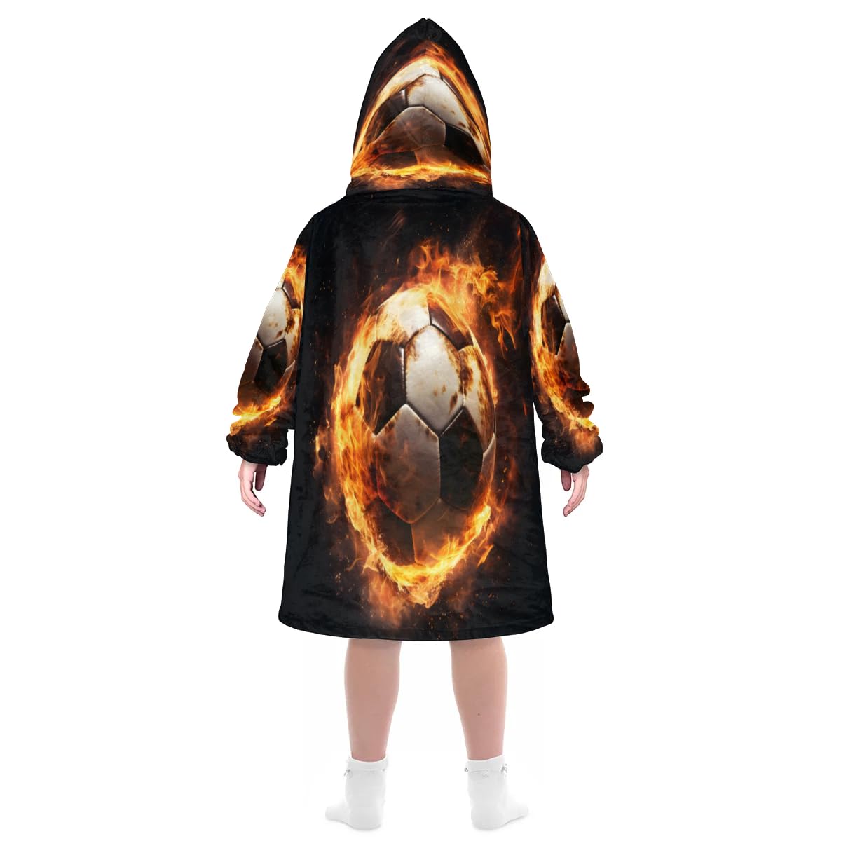 Kids Blanket Hoodie Fire Football Wearable Blanket Hoodie Oversized Hooded Blanket, Sweatshirt Blanket with Pockets Soft Warm Kids Hooded Blanket for Girls, Boys