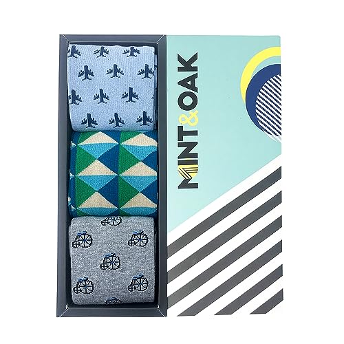 Image of Mint & Oak Printed Crew Socks For Men, Soft Cotton Calf Length Socks, Colorful Sock Gift For Men, Anti-Microbial & Odour Free, Funky Socks - Gift Box of 3