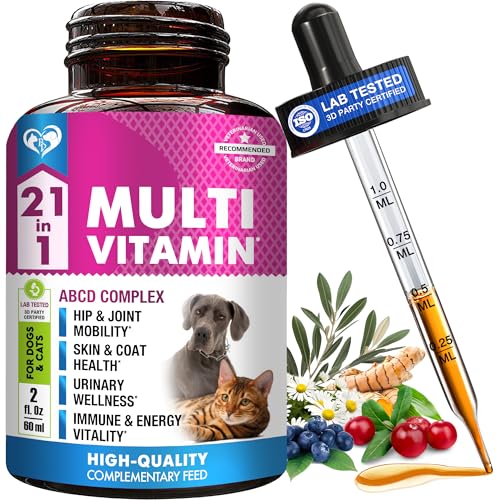 21-in-1 Multivitamin for Dogs and Cats Liquid Drops with Glucosamine & Cranberry Hip & Joint Urinary Tract Skin & Coat Immune Support All Breeds & Sizes 60 mL