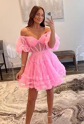 Tulle Homecoming Dresses 2024 Puffy Sleeves Layered Short Dresses Formal Cocktail Party Gowns4