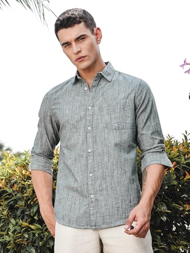 Image of Thomas Scott Men's | Solid | Premium Linen Blend | Spread Collar | Summer Wear | Long Sleeve | Shirts for Men
