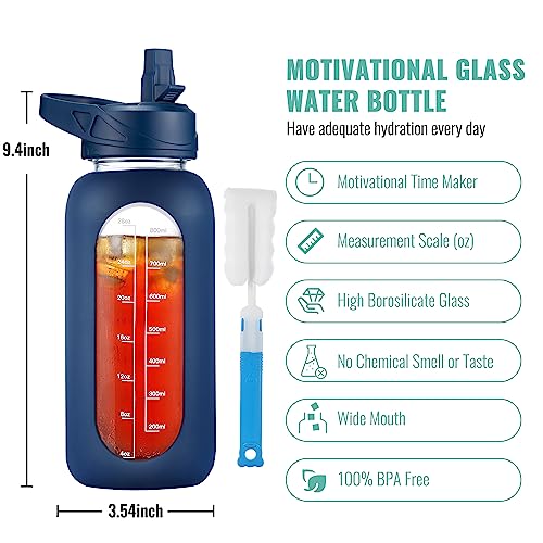 Image of CIVAGO 32 oz Glass Water Bottle with Straw and Handle, Large Sports Motivational Water Bottle Flask with Time Marker and 2 Lids, Leakproof Water Jug Canteen with Silicone Sleeve for Gym,Navy