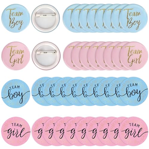 40 Pcs Kit Décoration Gender Reveal - 20 Badges Team Boy et Team Girl + 20 Autocollants - Accessoires de Jeu pour Révélation du Genre et Baby Shower Fille ou Garçon - Badges Épingle et Stickers