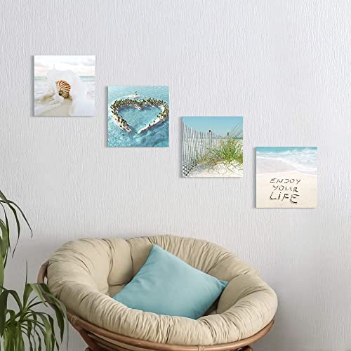 Bathroom Beach Coastal Wall Art - 4 Pieces Tropical Ocean Wave Seashell Nature Picture Contemporary Relaxing Seascape Canvas Print Blue Sea Scenery Artwork Modern Landscape Painting For Bedroom Living Room #TOP5