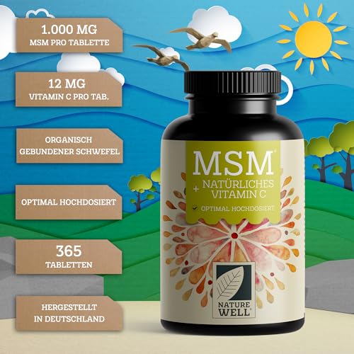 MSM 2000mg pro Tag + natürliches Vitamin C - 365 MSM Tabletten mit Methylsulfonylmethan - kompakteres MSM Pulver als bei MSM Kapseln - 1000 mg MSM pro Tablette - vegan - NatureWell
