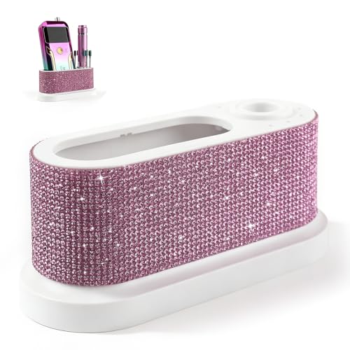 ANGNYA Nail Drill Machine Holder with Pink Rhinestones 8 Holes Nail Drill Bit Holder Nail Efile Stand and Organizer Storage Box Case