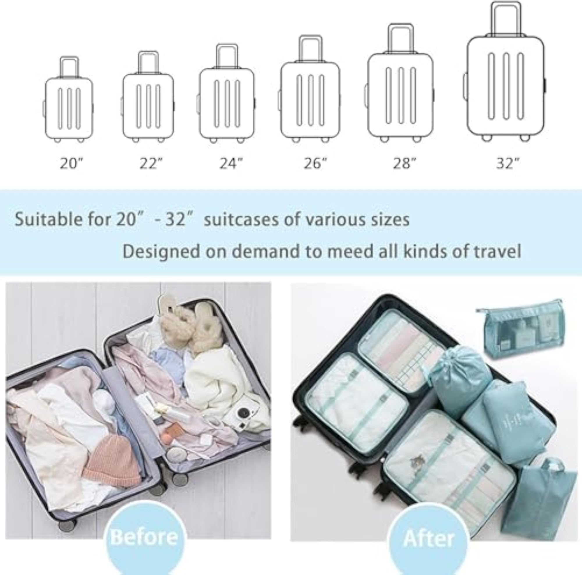 8pcs Lightweight Travel Organizer Packing Cubes Set, Blue