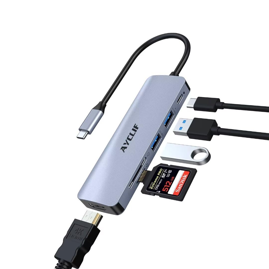 AYCLIFUSB C Hub, 6 in 1 USB C Splitter Avec Affichage 4K HDMI, Lecteur de Carte SD/TF, Multiport Adapter USB C with MacBook Pro/Air, Chromebook, Thinkpad, Laptop and More Type C Devices