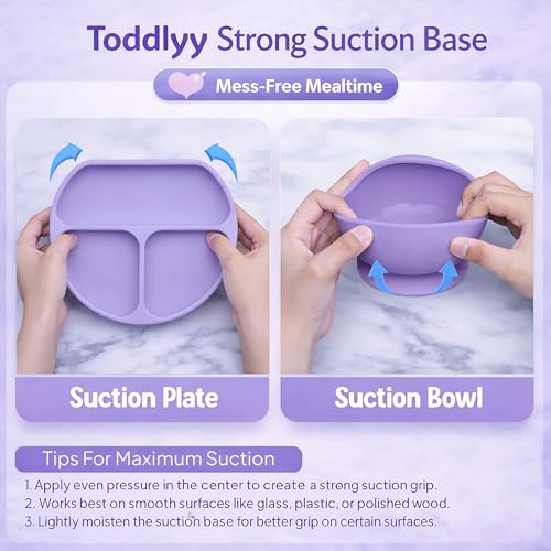 Image of 10 Pcs Silicone Baby Feeding Set for Toddlers 6+ Months | Baby Led Weaning Self Feeding Kit | Suction Plate & Bowl, Bib, Cup, Spoon & Fork, Fruit Feeder, Finger Brush | FDA | Ebook (Lavender)