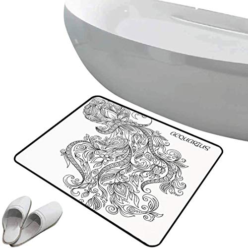 Alfombra de baño antideslizante Decoración del zodiaco suave antideslizante Remolino de flores curvas y ramo con diseño de mes de acuario de signo del zodiaco,negro blanco Para ducha Felpudo Dormitori