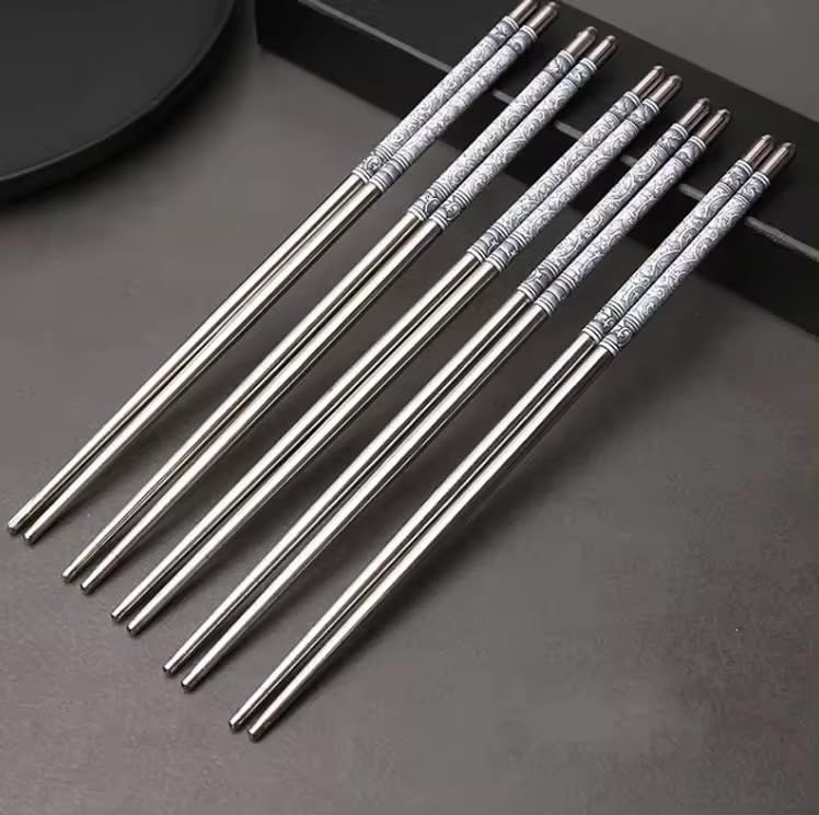 Flavoma 5 Pairs Reusable Classic Metal Steel Chopsticks | Dishwasher Safe | Non-Slip Stainless Steel Chopsticks | Lightweight Easy to Use Metal Chop Stick Utensils 2