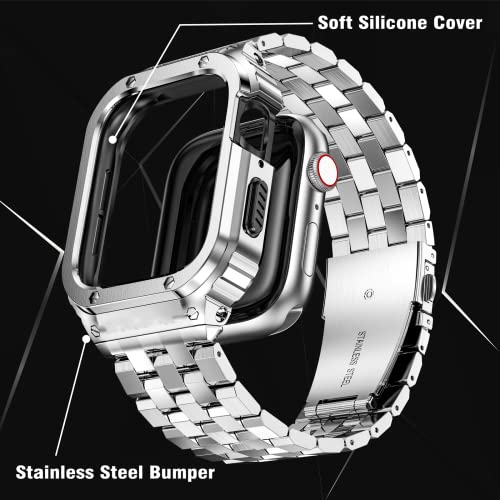 SUPLINK Stainless Steel Case with Band Compatible with Apple Watch Straps Series SE 9 8 7 6 5 4 3 2 1 38mm 40mm 41mm Metal Rugged Protector Cover for iWatch Band Men Woman (Silver) - Image 4