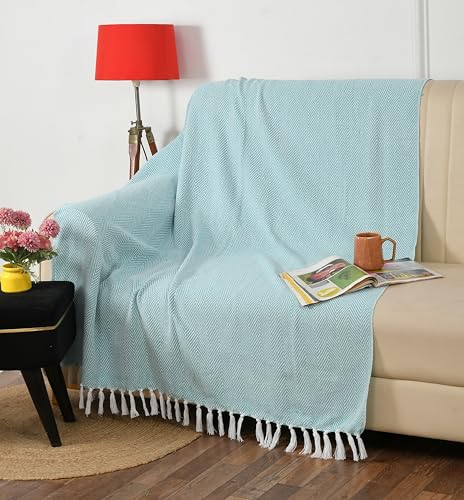 Image of Sky Blue Chevron Cotton Throw Blanket for Sofa & Bed | Soft Lightweight Textured Couch Throw with Tassels | Decorative Zig Zag Pattern (125x150 cm)