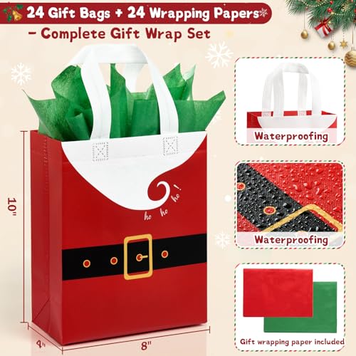 STYPOP 24 Pack 10" Christmas Gift Bags Medium Size with Tissue Paper, Reusable Non-Woven Christmas Tote Bags with Handles, Perfect for Xmas Gift Wrap/Party Favor Supplies, 10" × 8" × 4" - image 2