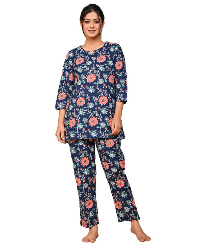 bhoolft Cotton Flower Printed Night Suit Top and Pajama Set for Women | Stylish, Casual Nightwear Relaxing, Soft Cozy Fashionable, Comfortable Nightdress Kurti Pyjama-picture-15