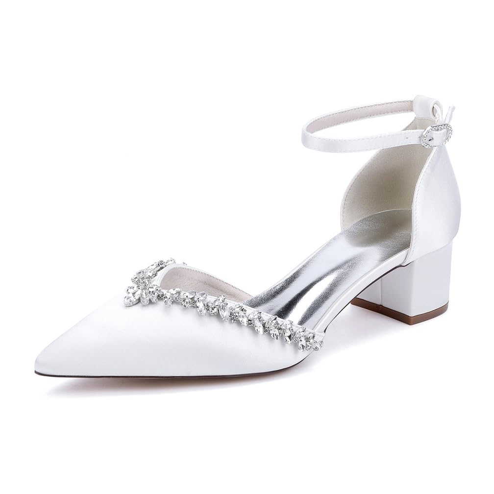 Scarpe da Sposa Eleganti con Tacco Medio, Punta Affusolata, Decorazioni in Cristallo, Cinturino alla Caviglia, Bianco/Avorio Satinato Scarpe col Tacco da Sposa Comode